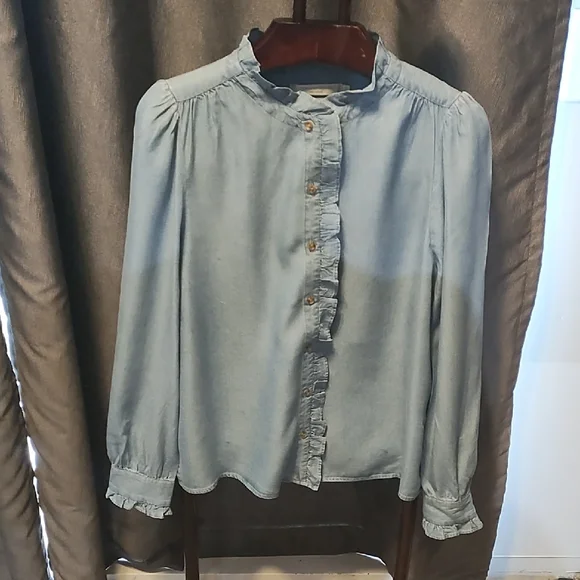 Simons Light Denim Ruffled Blouse - Picture 1 of 7